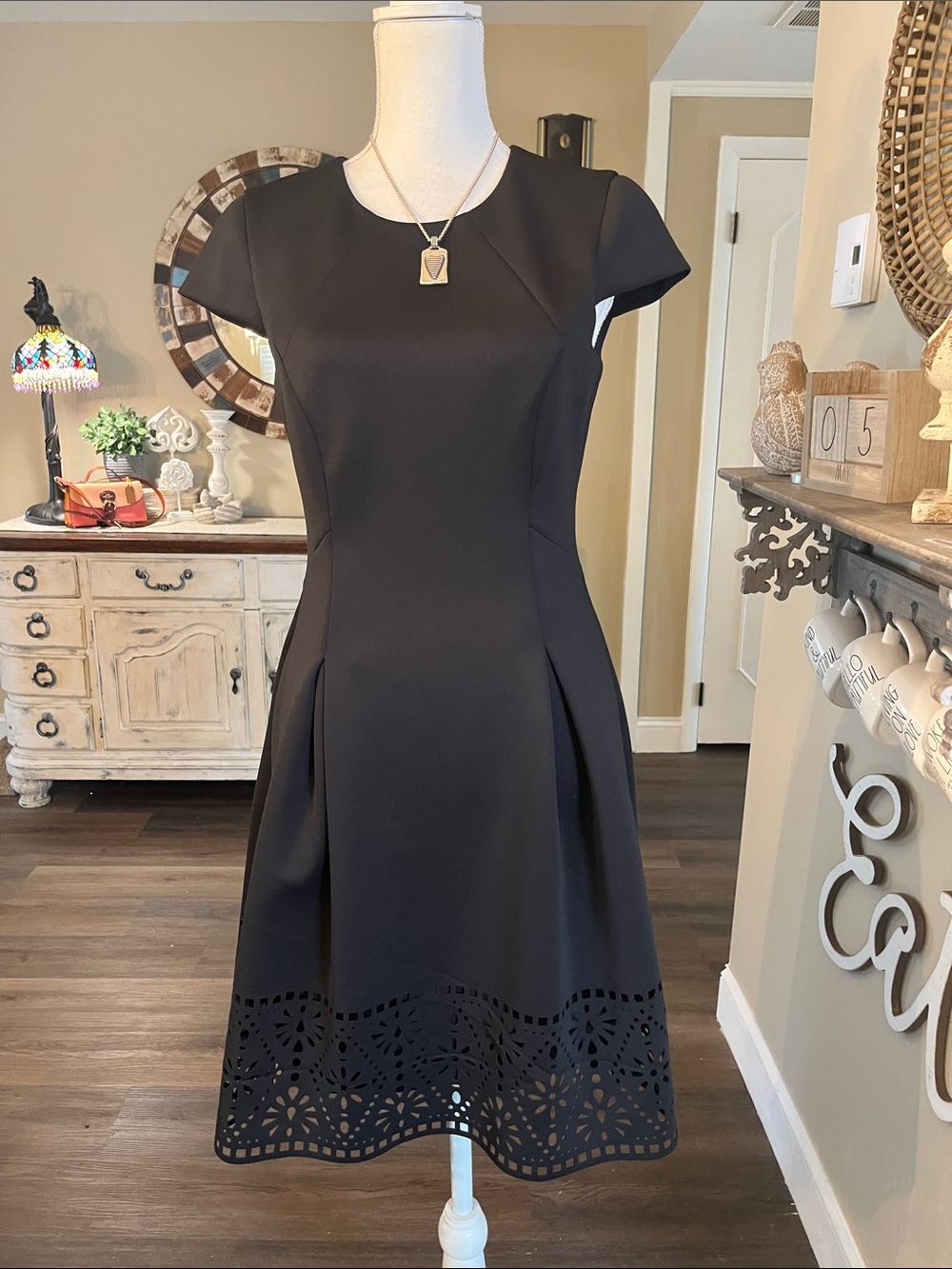 Vince Camuto Black Fit-and-Flare Midi Dress with Laser-Cut Hem